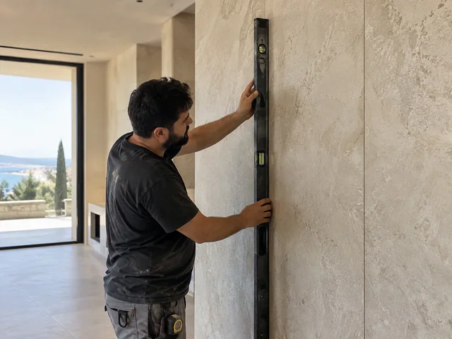 מתקין בודק יישור של לוח חיפוי באמצעות פלס